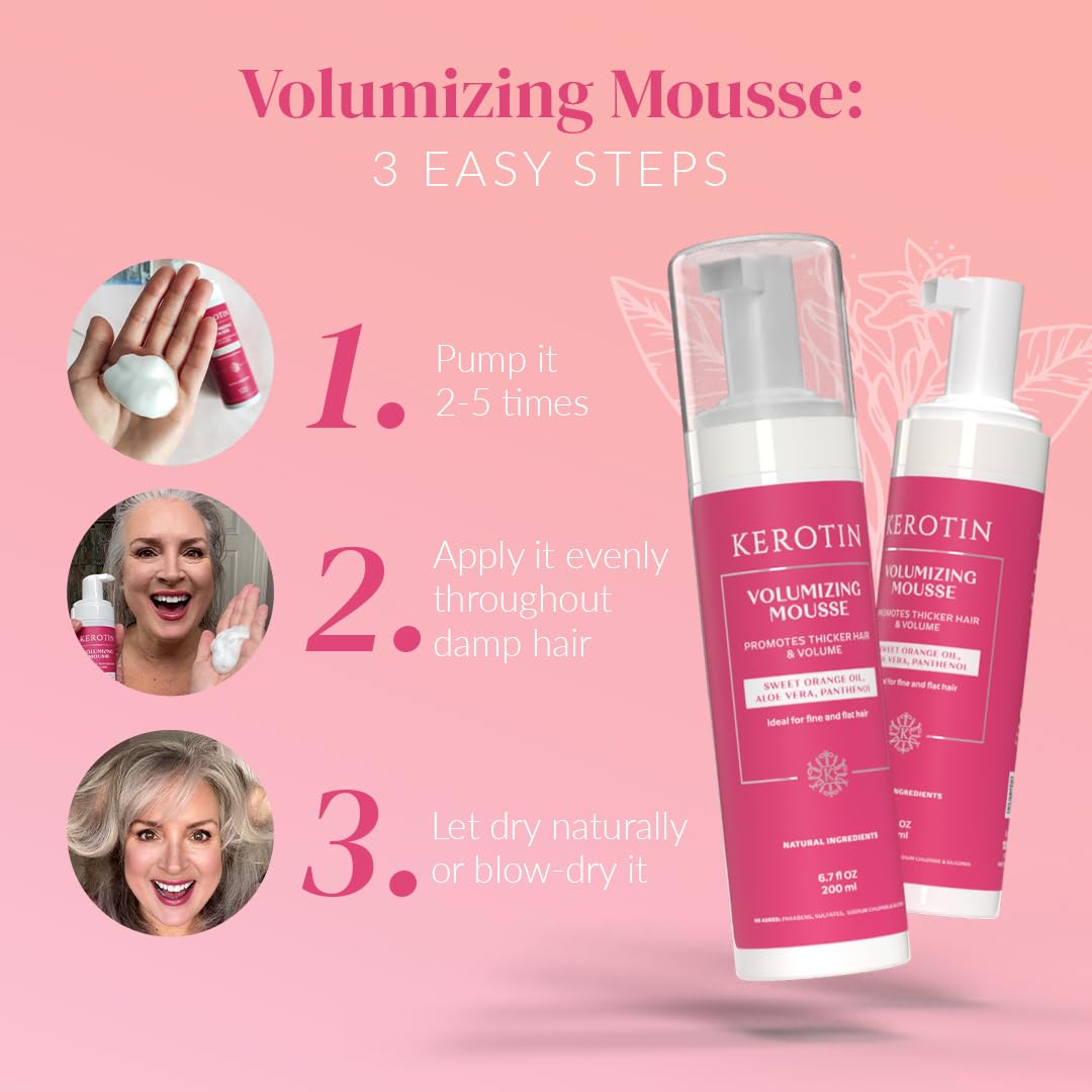 Kerotin Volumizing Mousse, Root Volumizer, Hair Thickening Styling Foam for Volume, Texture & Body, Tames Frizz & Flyaways, Ideal for Fine and Thin