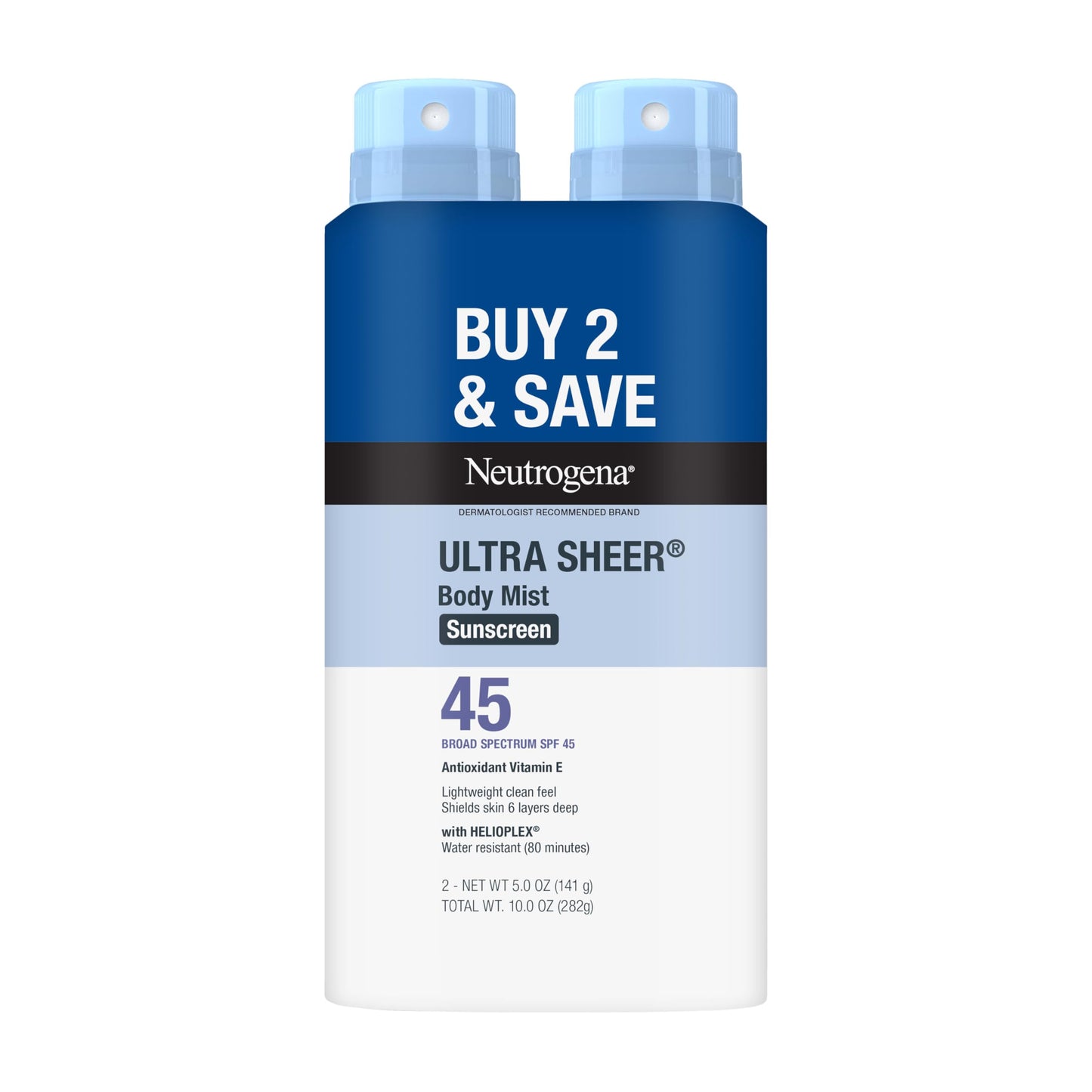 Neutrogena Ultra Sheer Sunscreen Spray SPF 45 Body Mist, Lightweight Non-Greasy Broad Spectrum UVA/UVB Protection, Oil-Free & Non-Comedogenic Water