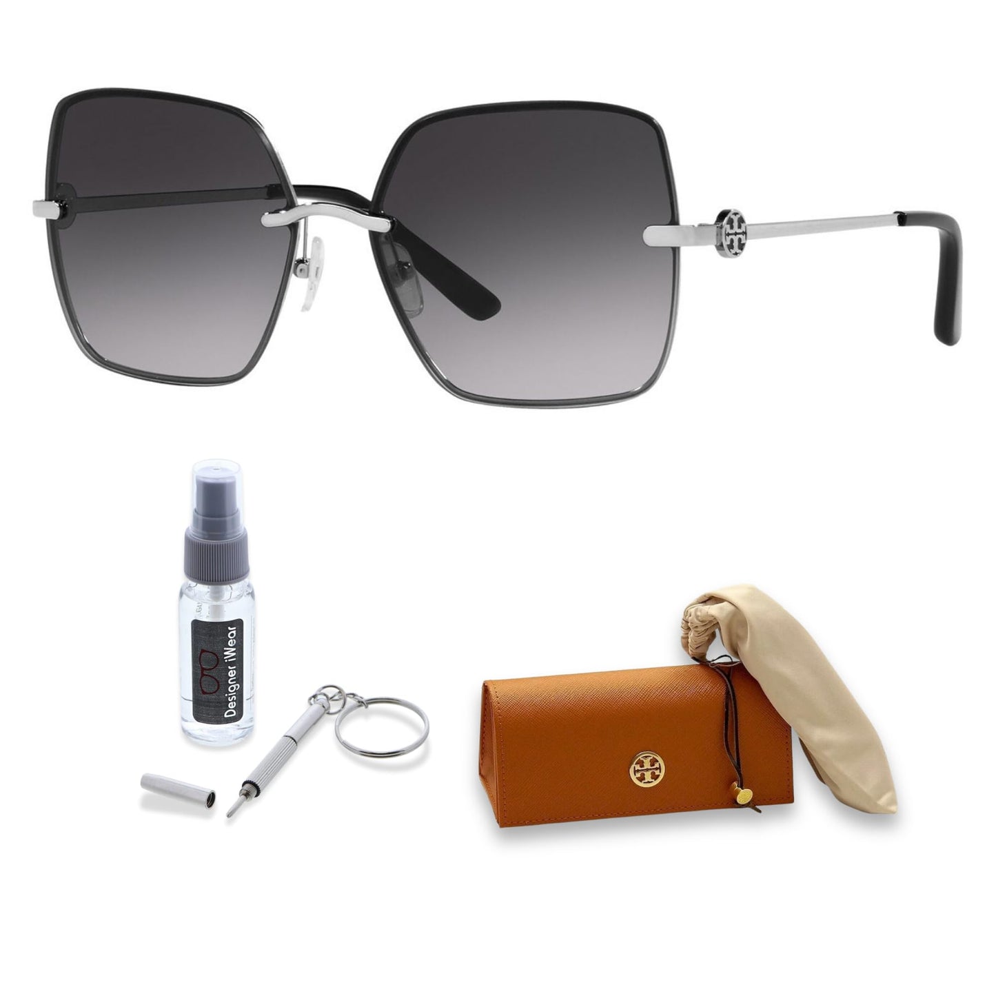 Tory Burch TY6080 31618G 58MM Silver/Light Grey Gradient Rectangular Sunglasses for Women +BUNDLE with ACCESSORY EYEWEAR KIT
