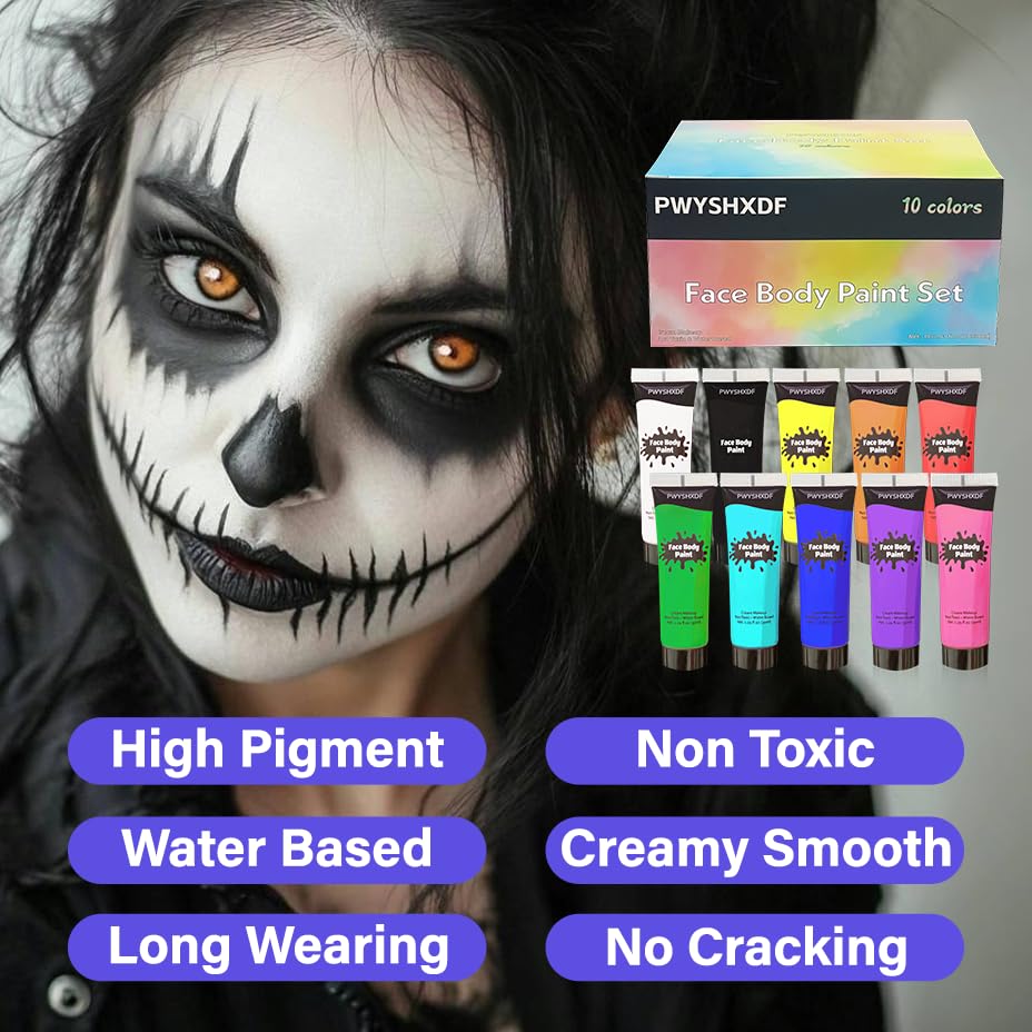 PWYSHXDF 10 Colors Face Body Paint Set, Water Based Body Paint for Adults, Washable Face Paint Kit with Brushes & Sponges, Non-Toxic Face Painting