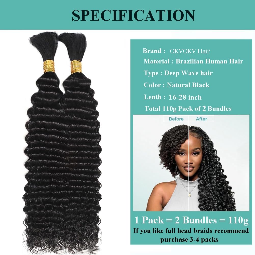 Human Braiding Hair for Boho Braids 18 Inch 110g Deep Wave Bulk Boho Human Hair for Braiding No Weft 12A Curly Human Hair Extensions for Boho Braids 2 Beauty and Personal Care OKVOKV