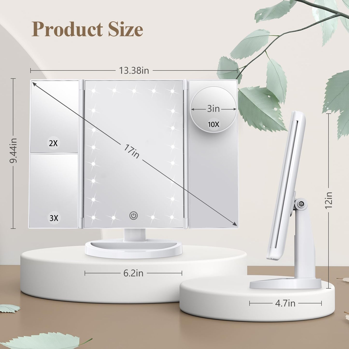 HUONUL Lighted Makeup Vanity Mirror – 2X, 3X, 10X Magnification, Touch Control, Trifold Design, White, Modern Style