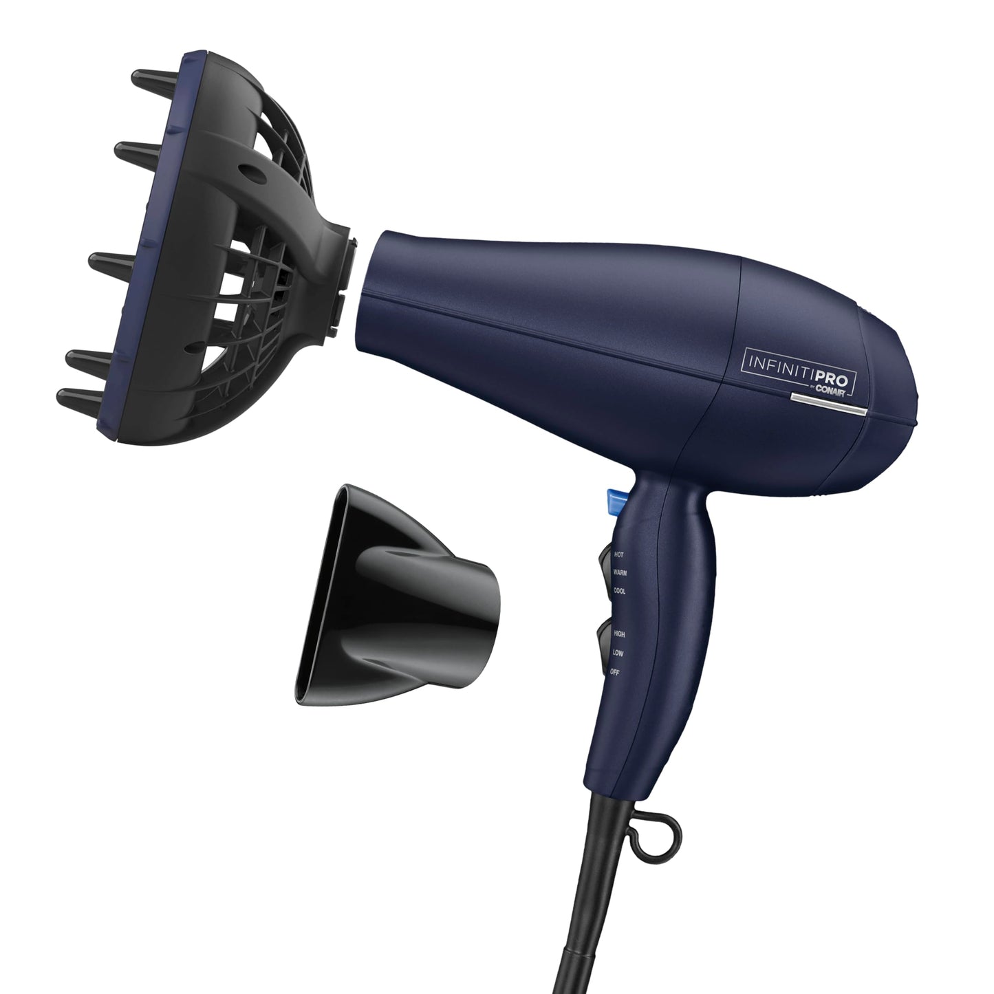 INFINITI PRO CONAIR Hair Dryer with Innovative Diffuser, Enhances Curls and Waves While Reducing Frizz, Dark Blue