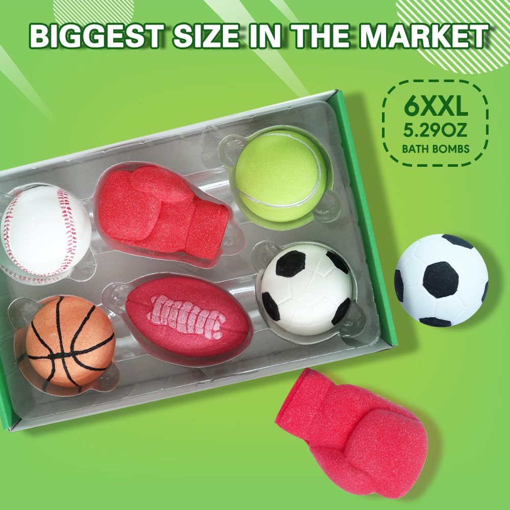 HZEX Sports Themed Bath Bombs Gift Set - 6 Piece Novelty Fizzy Balls with Basketball, Tennis, Baseball, Soccer, Football & Boxing - Fun Spa Kit…