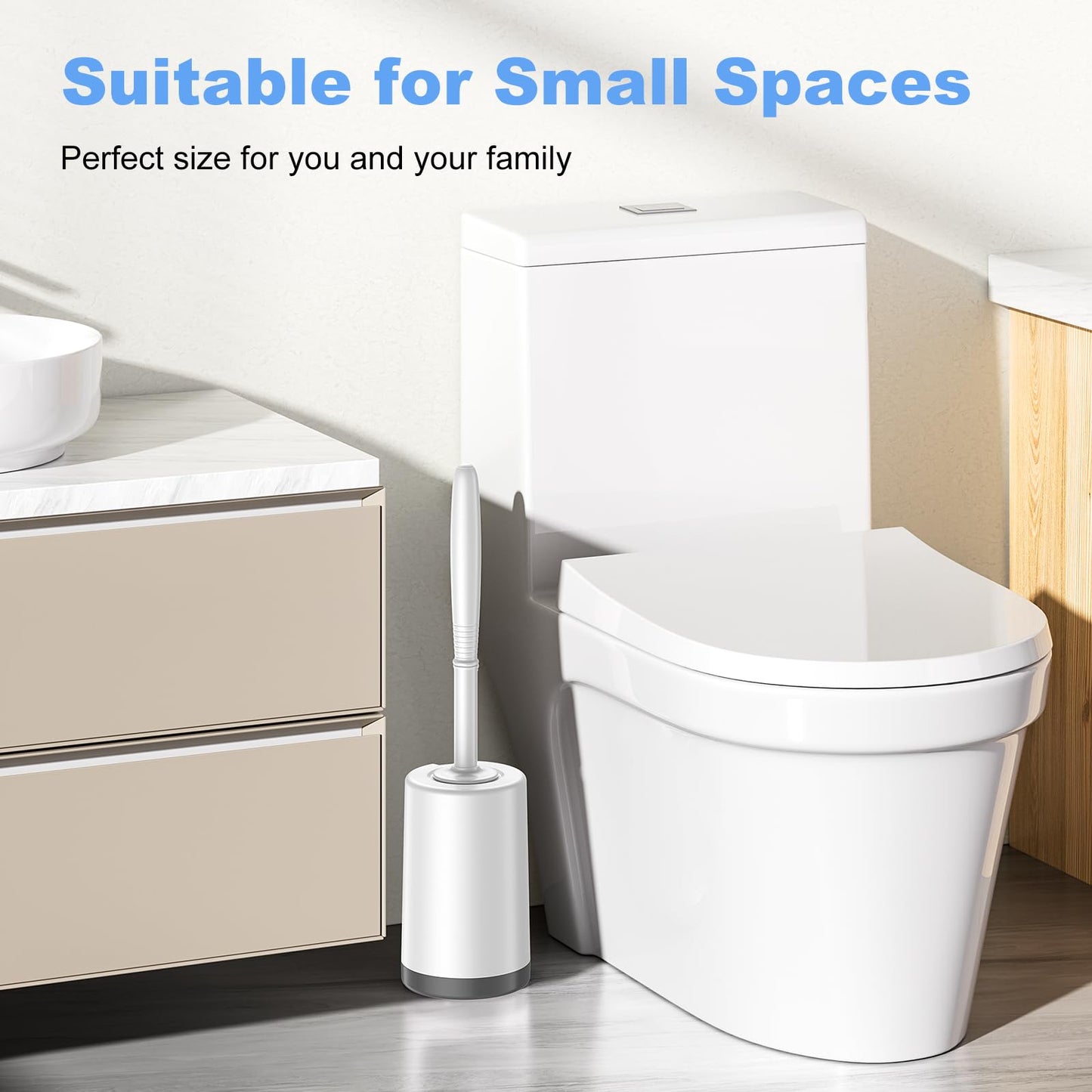 HAMITOR Toilet Brush with Holder – Curved Design for Deep Rim Cleaning, Compact Scrubber for Small Bathrooms & RVs – White