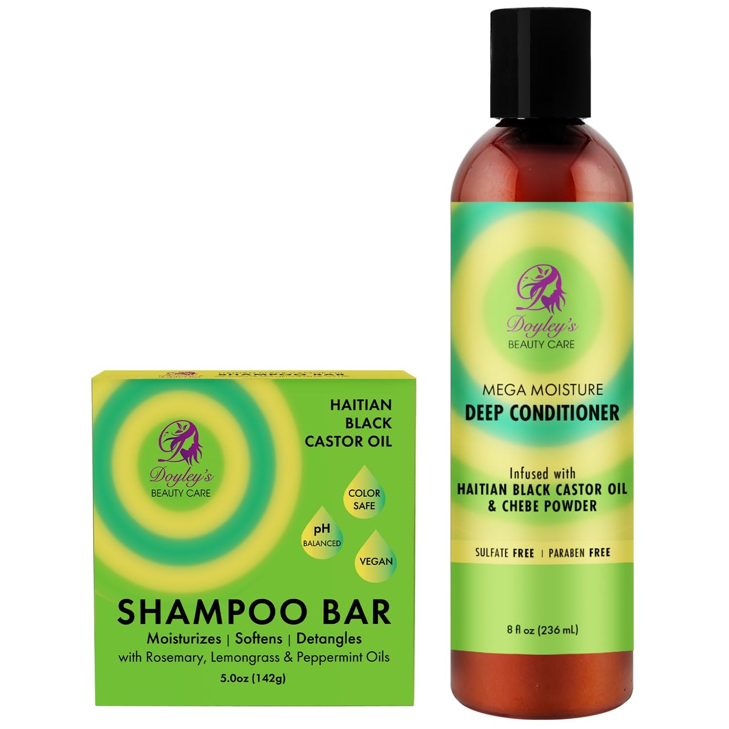 Doyley’s Haitian Black Castor Oil Shampoo Bar 5oz & Mega Moisture Deep Conditioner 8oz Bundle - Rosemary Oil & Chebe Powder - Softens, Detangles