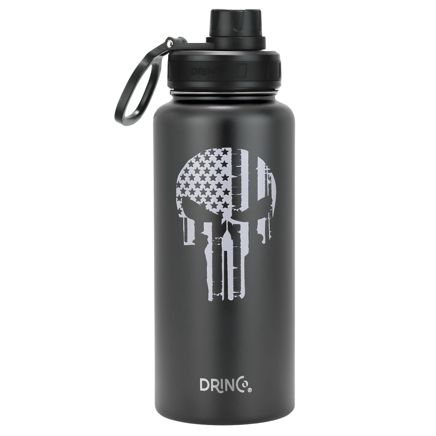 DRINCO Stainless Steel Water Bottle Spout Lid Vacuum Insulated Double Wall Water Bottle USA Flag Military Veteran (32oz Skull Black, 32oz)