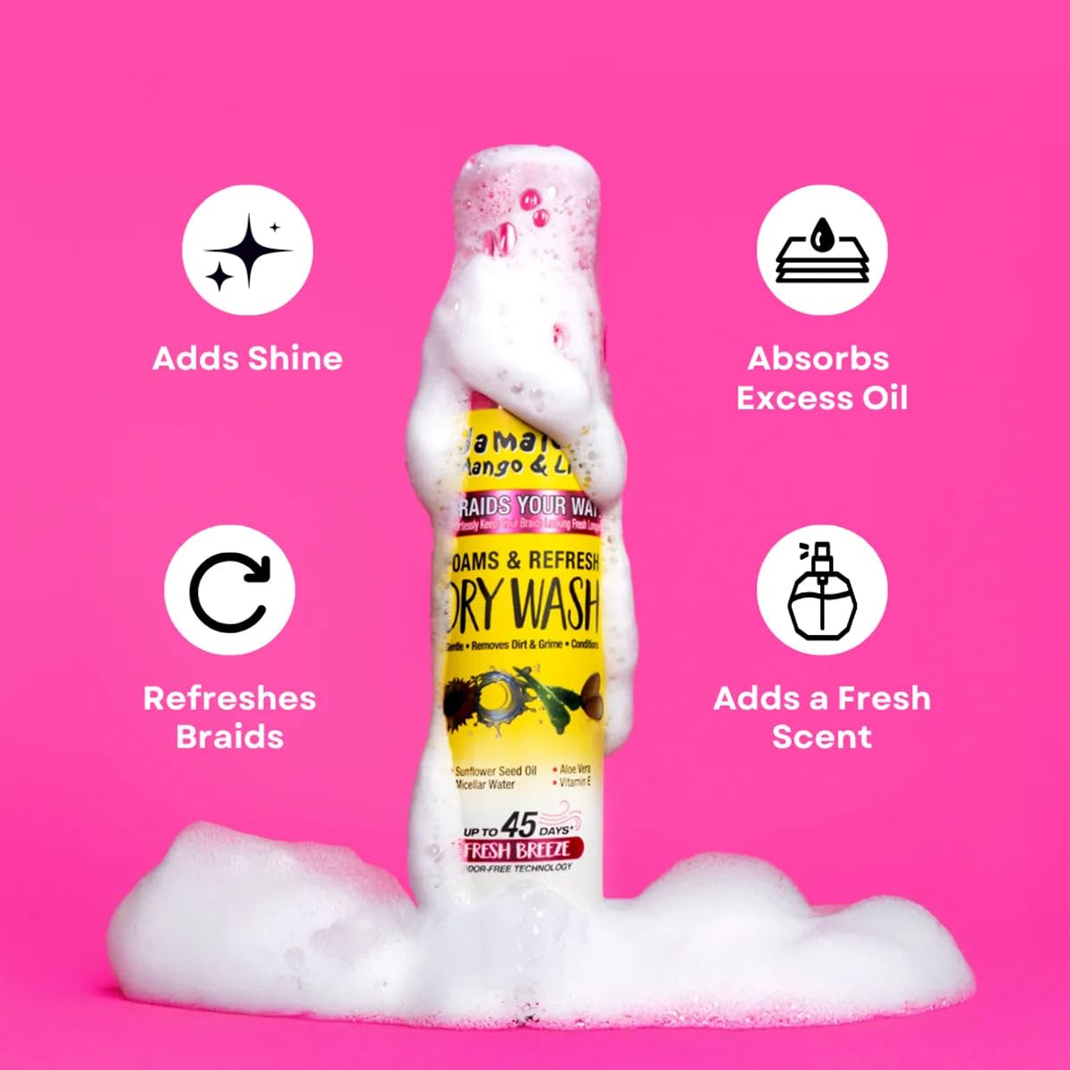 Jamaican Mango & Lime Braids Your Way Dry Wash - Gentle Cleansing Foam for Braids, Locs & Twists - No-Rinse Dry Shampoo for Scalp