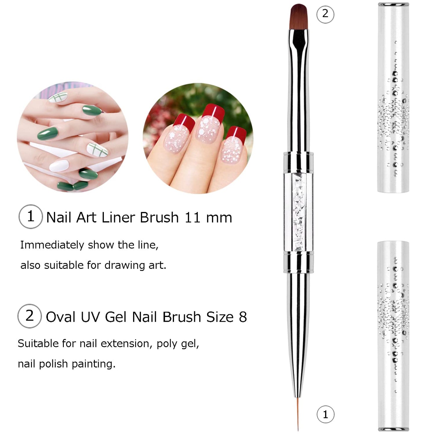 LEQ 2Pcs Nail Art Brush Set, Dual-ended Oval & Flat Gel Nail Polish Brushes Nail Art Liner Brush Polygel Slice Tool for PolyGel UV Builder Gel Nails