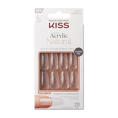 KISS Salon Acrylic Natural Nails, Clear Tip, Long, Ultra-Smooth Finish, DIY At-Home Manicure Kit with Pink Gel Nail Glue, Mini File, Manicure Stick