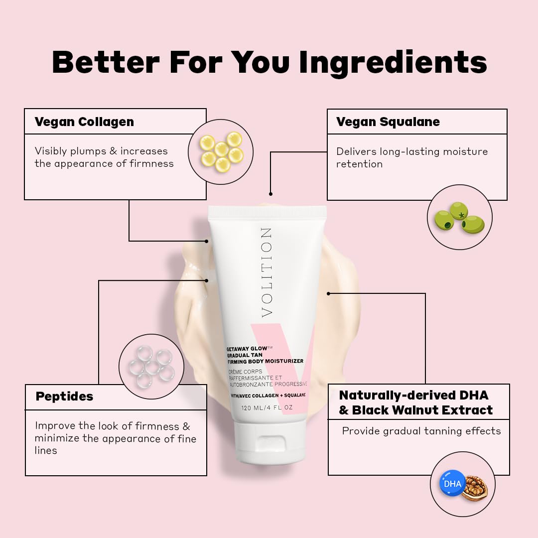Volition Beauty Getaway Glow Gradual Tan Firming Body Moisturizer with Vegan Collagen + Squalane | Skin Smoothing Cream, Stretchmark Treatment