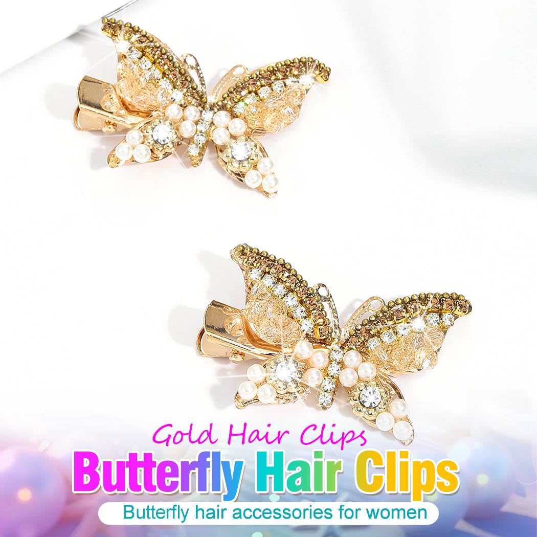 BARTOSI Butterfly Hair Clips Gold Rhinestone Hair Clip Small Fancy Butterfly Hair Accessories for Women and Girls (Pack of 2)