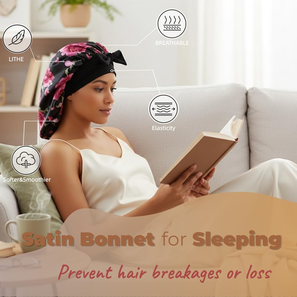 Satin Bonnets for Sleeping Women Braids Long Hair Cover Silk Hair Bonnet Night Caps XL Large Satin Sleep Cap with Tie