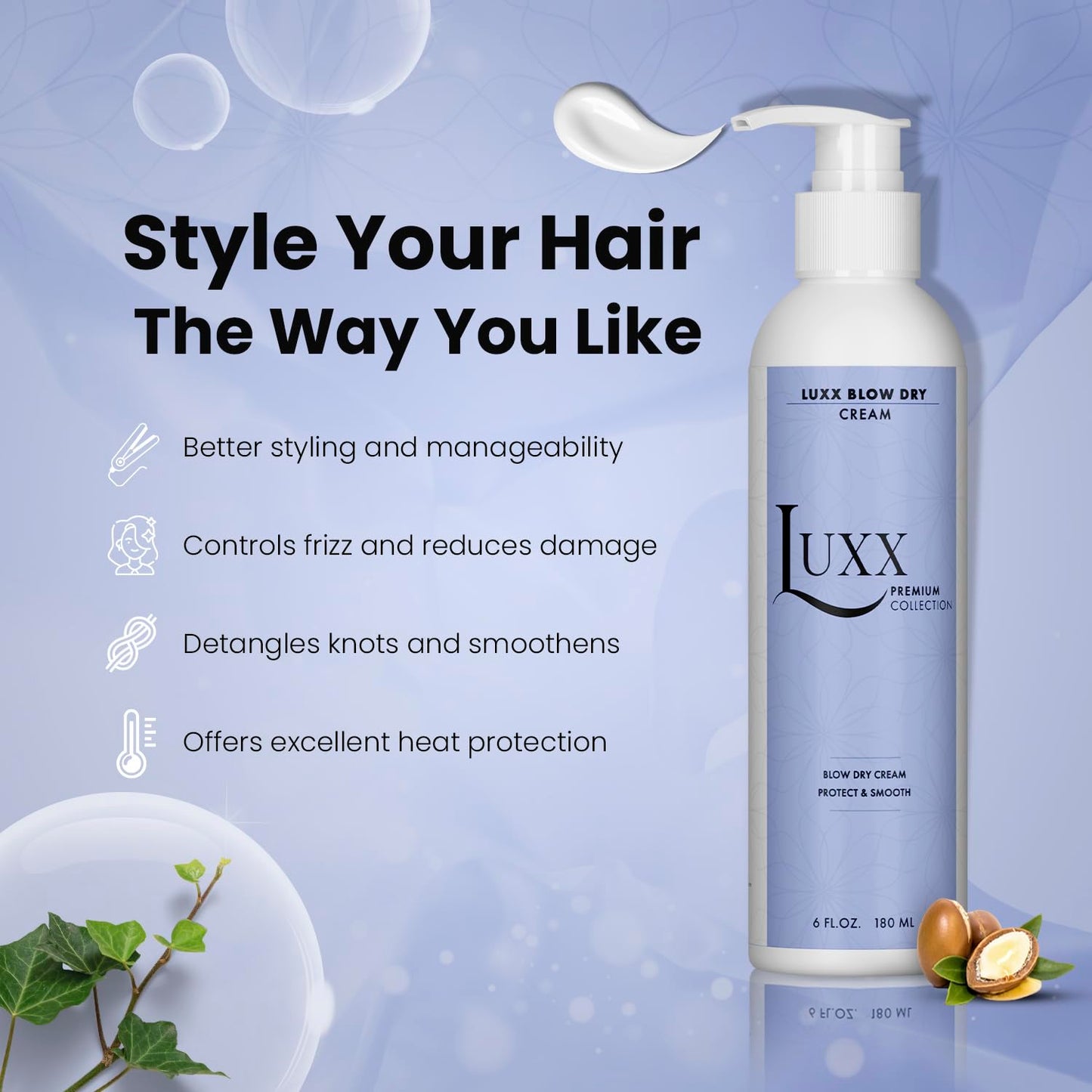 Luxx Blow Dry Cream | Frizz Control | Vegan Heat Protectant Styling Cream | Infused with Argan Oil & Shea Butter | Sulfate & Paraben-Free (6 Fl. Oz)