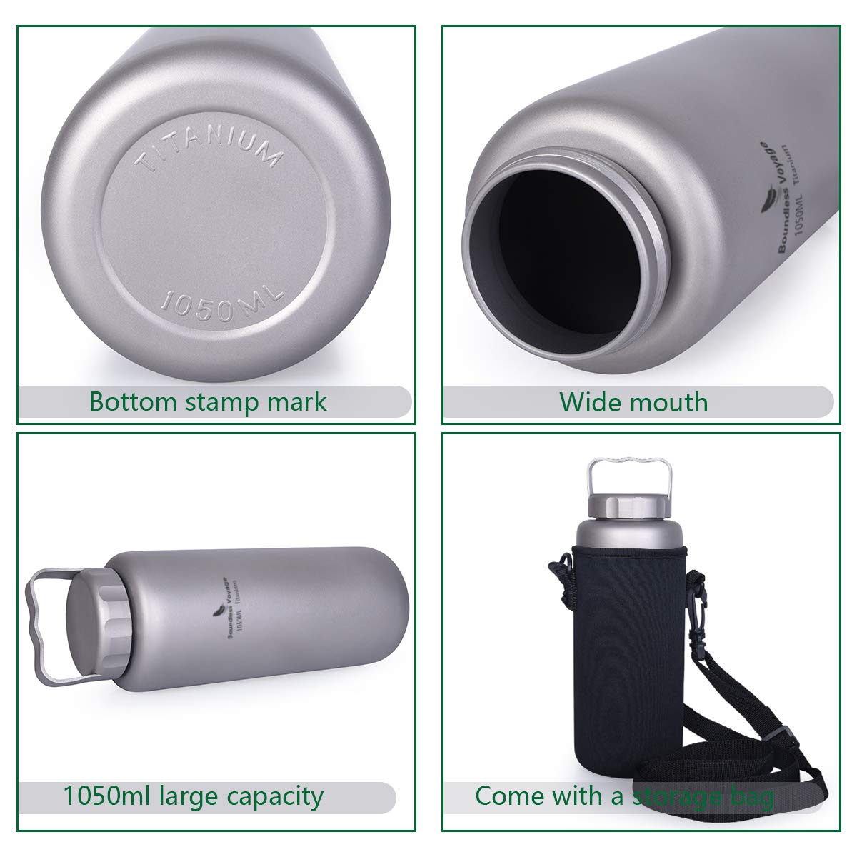 iBasingo 1050ml/35.5 oz Titanium Water Bottle with Handle Outdoor Leak-Proof Wide Mouth Sport Drinking Bottle Camping Tea Coffee Canteen Kettle…