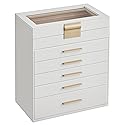 SONGMICS Jewelry Box Organizer with Glass Lid, 6-Layer Jewelry Storage, with 5 Drawers, Modern Style, 6.4 x 9.9 x 11.4 Inches, Cloud White and Gold…