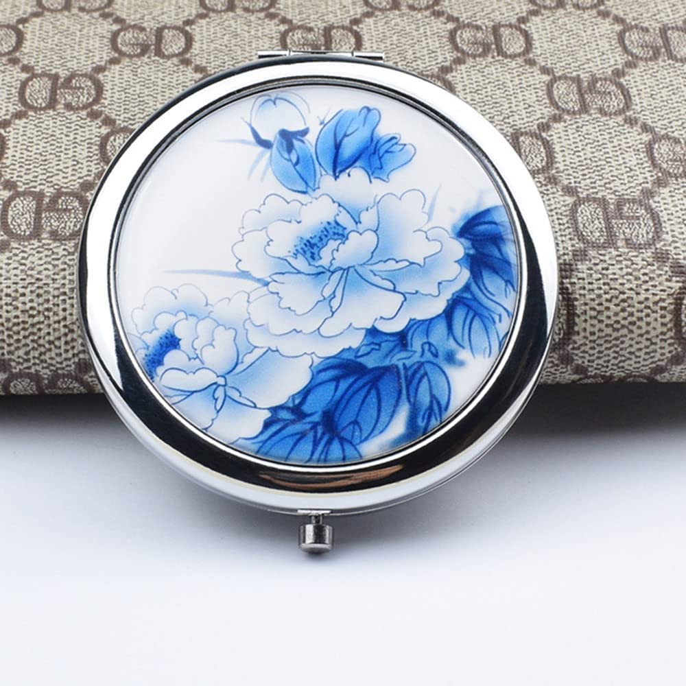 mpowtech Blue Magnifying Compact Mirror for Purse - 1x/2x Magnification Travel Makeup Mirror,Small Flower Pocket Mirrors,Handheld 2-Sided Portable