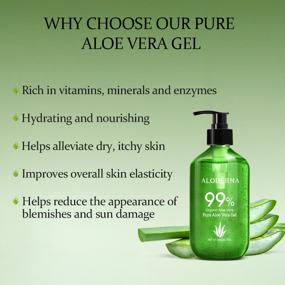 Aloderma 99% Organic Aloe Vera Gel Made within 12 Hours of Harvest - Lightweight, Non-Sticky Aloe Gel for Face Body, Hair, & Scalp, After Sun Relief