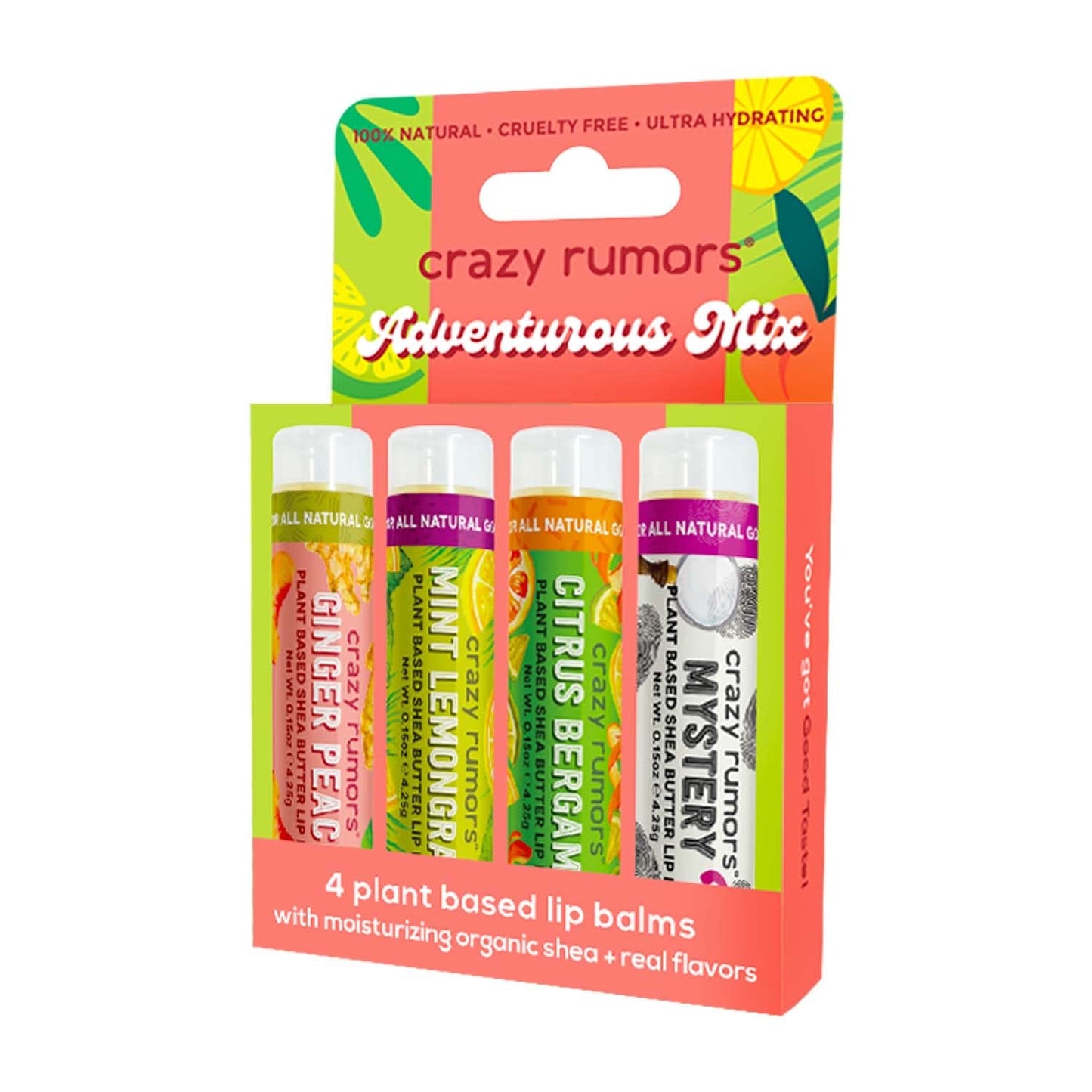 Crazy Rumors Adventurous Mix Lip Balm 4-Pack Mix (Ginger Peach, Mint Lemongrass, Citrus Bergamot, Mystery Flavor) 100% Natural, Vegan, Plant-Based