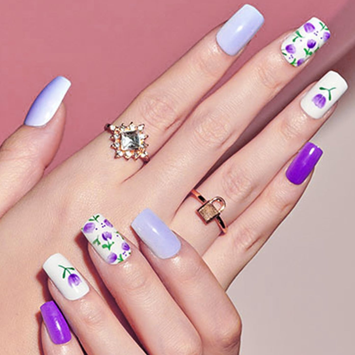 GLAMERMAID Dark Purple Press on Nails Medium Square, Floral Blossom Deep Purple Gel False Nals, Tulip Glue on Nails Kit for Women, Natural Lavender