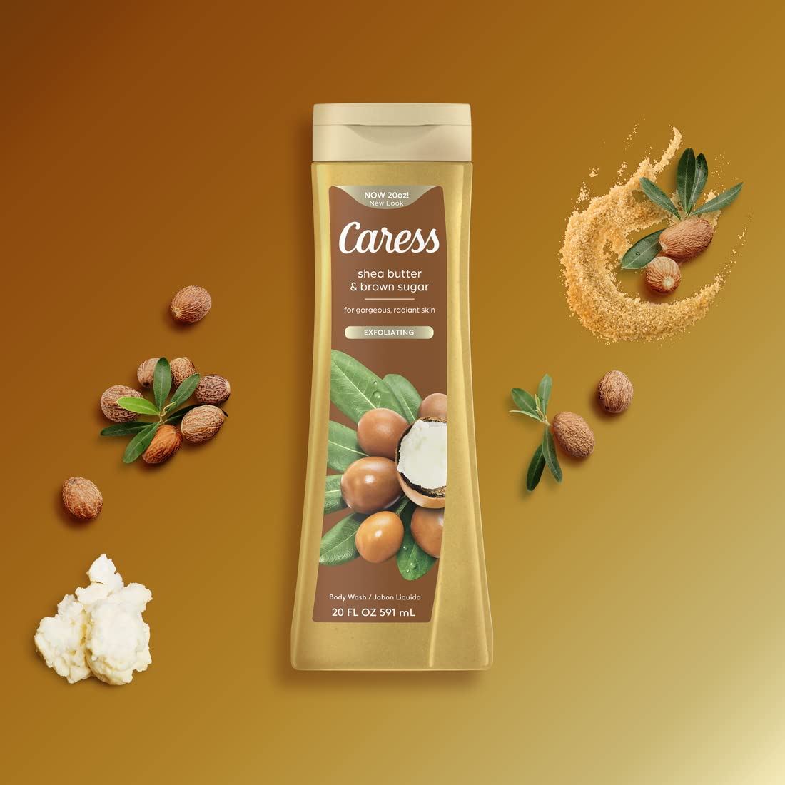 Caress Body Wash For Gorgeous, Radiant Skin Shea Butter & Brown Sugar Hydrating and Exfoliating Body Wash 20 fl oz