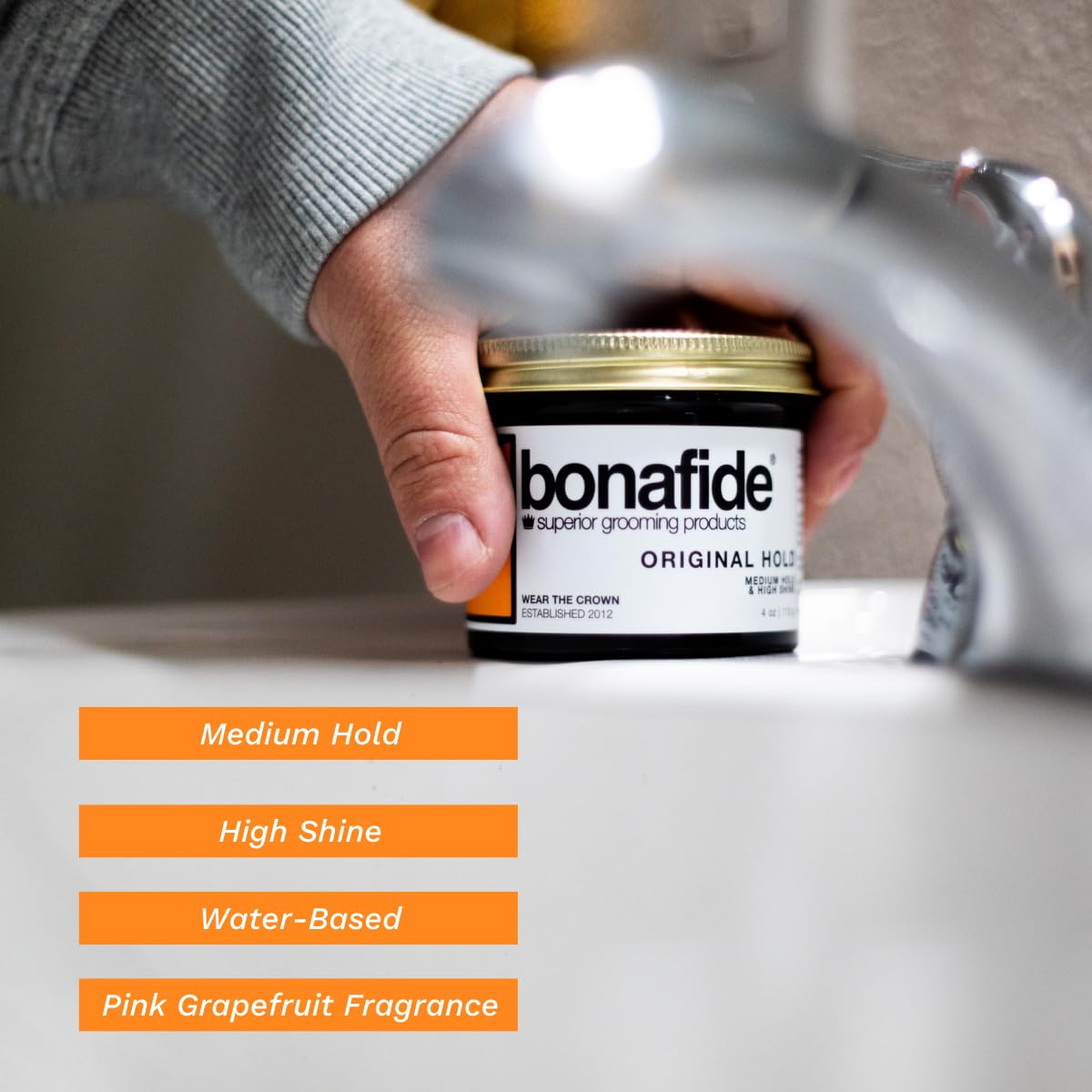 Bona Fide Pomade, Original Hold 4 oz. | Medium Hold, High Shine, Water-Based Pomade, Non-Flaking Easy to Wash Out Formula, Pink Grapefruit Fragrance