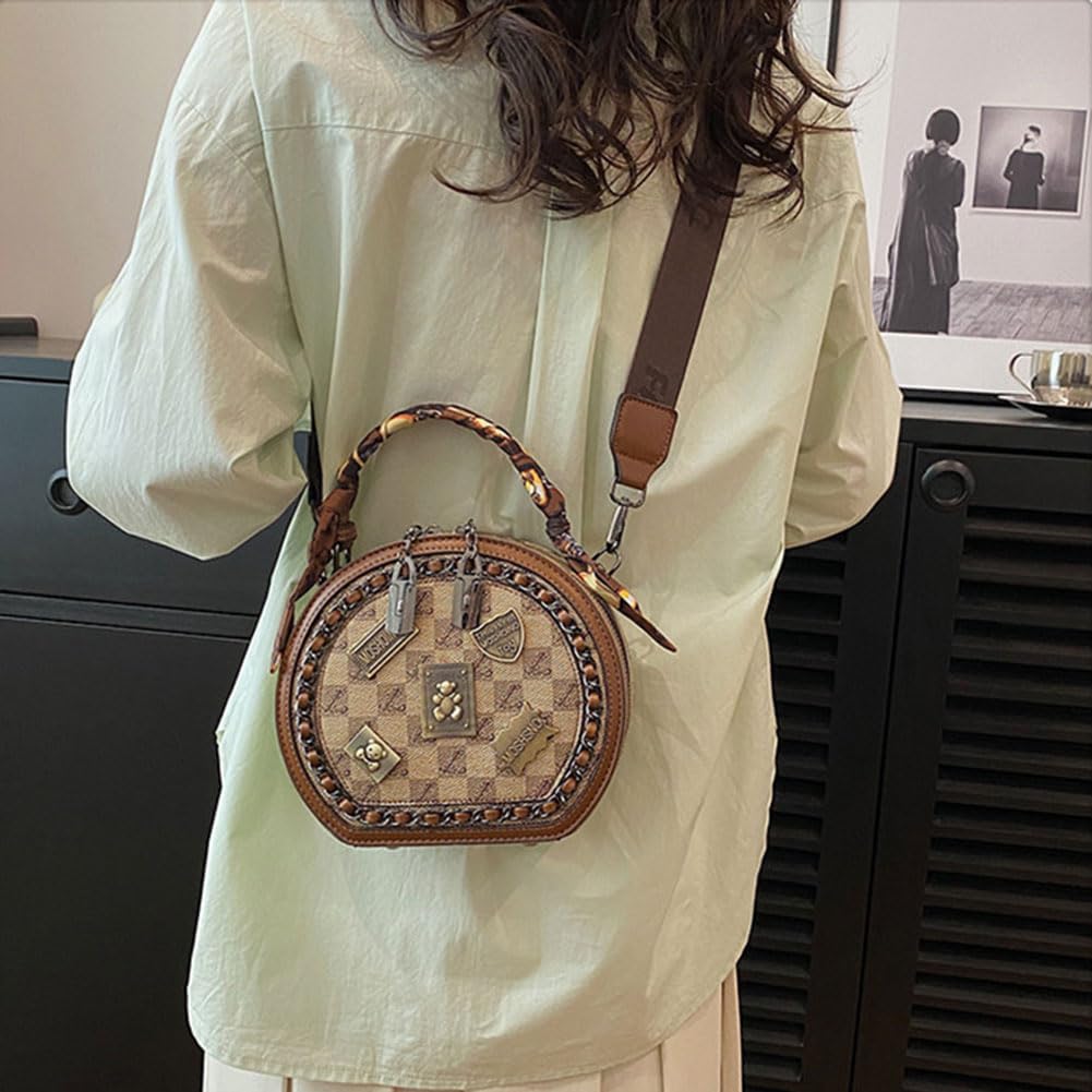 Vintage Women's Bag, Round Crossbody Bag, One Shoulder Crossbody Circle Tote Bag, Large Capacity Daily Purse Handbag for Women Girls