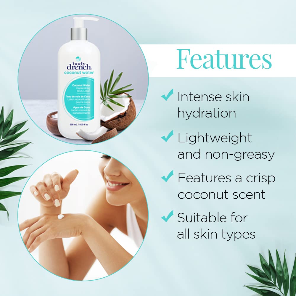 Body Drench Body Lotion for Women, Coconut Water - Hydrating Coconut Lotion for Dry Skin, Moisturizer Skin Care, 16.9 fl oz