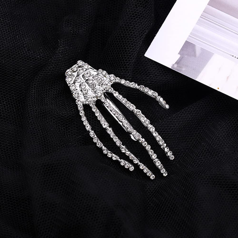 wekicici Skeleton Hand Rhinestone Hair Clip Punk Horror Skull Hairpin for Women and Girls Fashion Gothic Barrette Hair Accessories(2 pcs ), Silver