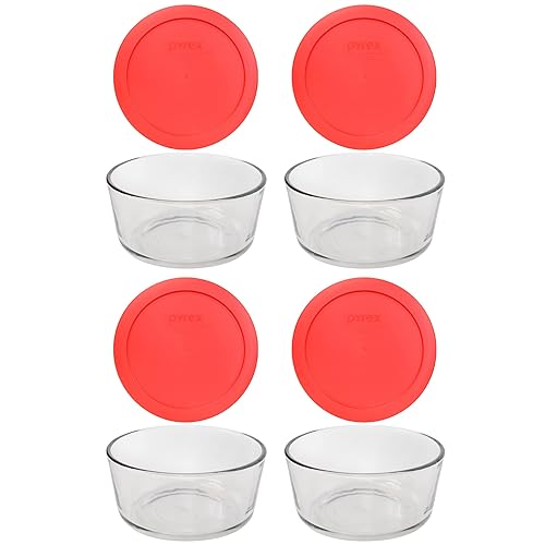 Pyrex Storage 4-Cup Round Dish with Red Plastic Cover, Clear (Case of 4 Containers)