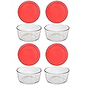 Pyrex Storage 4-Cup Round Dish with Red Plastic Cover, Clear (Case of 4 Containers)