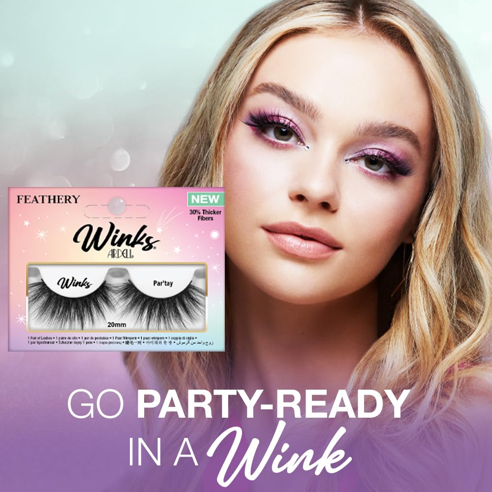 Ardell Winks Par'tay Lashes, Full Volume, 20mm Ultra-Long False Eyelashes, Feathered and Fluttery, Black Band, 1 Pair