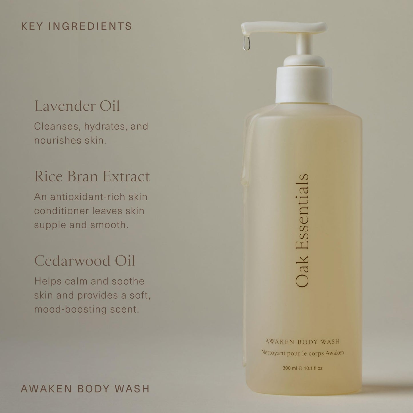Oak Essentials Awaken Body Wash, Luxury Hydrating Shower Gel with Lavender Oil, Cedarwood Oil and Rice Bran Extract, Gentle Cleanser for Women, Ideal