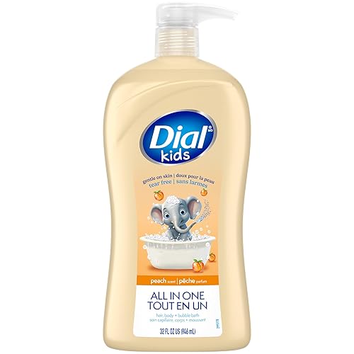 Dial Kids All-in-1 Body + Hair + Bubble Bath, Peach Scent, 32 Fl Oz, Hypoallergenic Body Wash & Shampoo, No Tears Formula for Kids 2+ Years, No