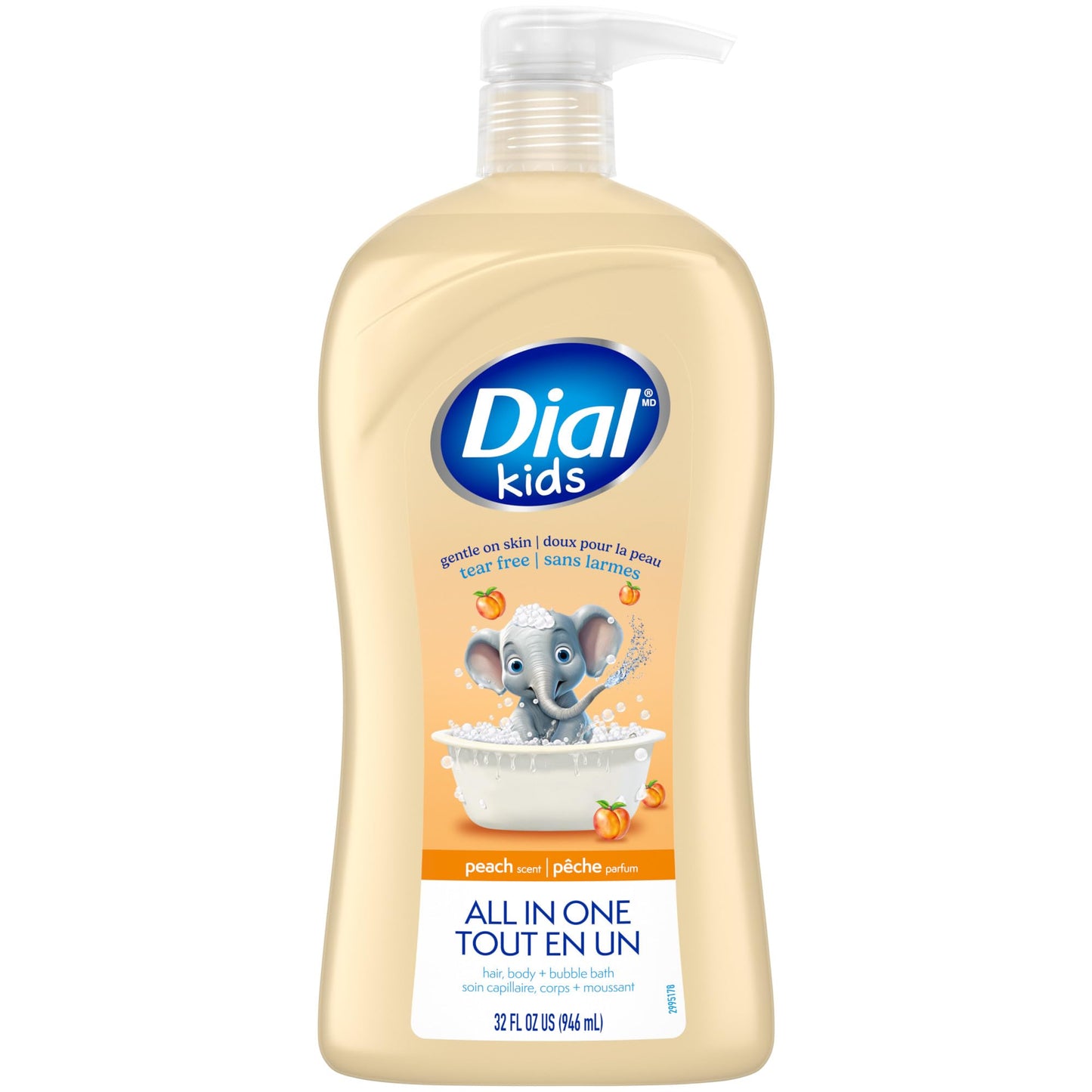 Dial Kids All-in-1 Body + Hair + Bubble Bath, Peach Scent, 32 Fl Oz, Hypoallergenic Body Wash & Shampoo, No Tears Formula for Kids 2+ Years, No