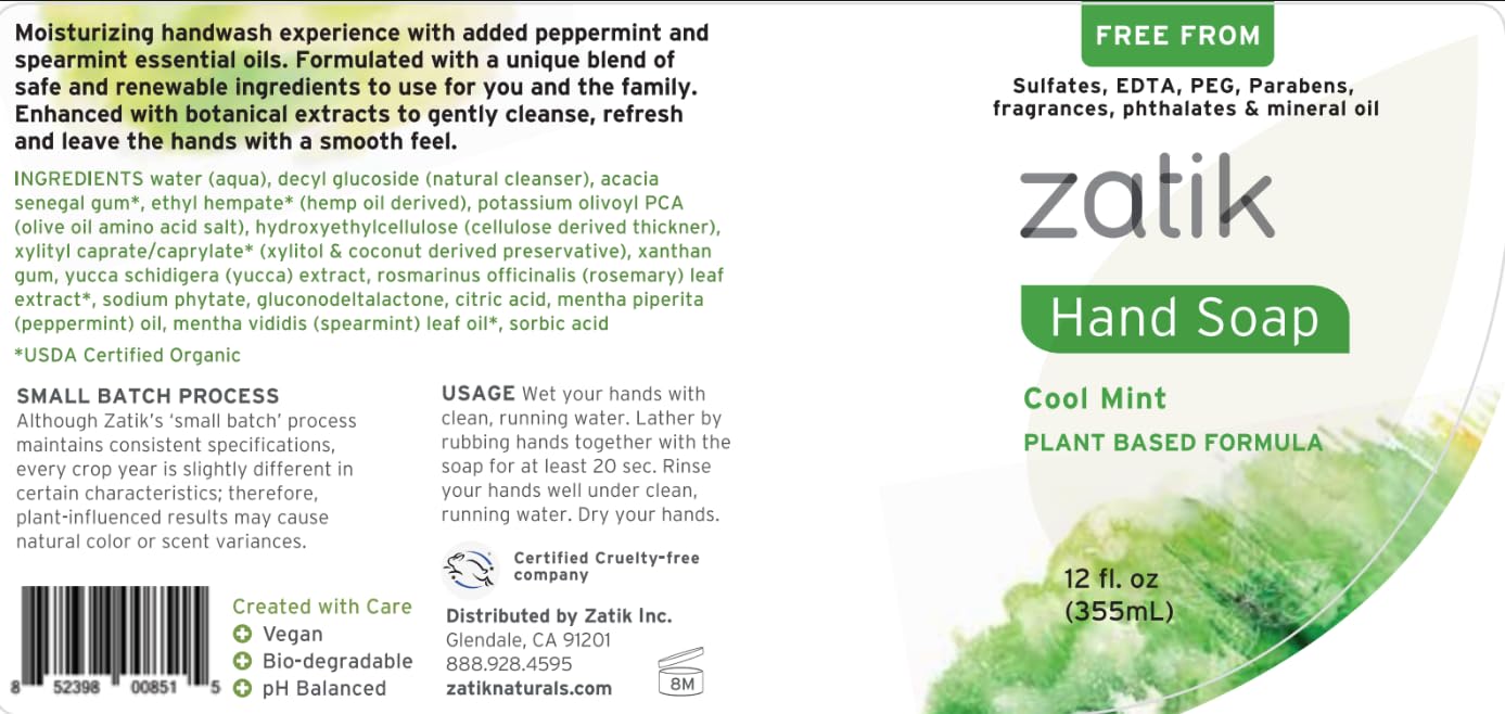 Zatik Naturals - Liquid Hand Soap (Cool Mint), Moisturizing Handwash, Grey-Water Safe,12 fl oz (Pack of 1) Beauty & Personal Care Zatik