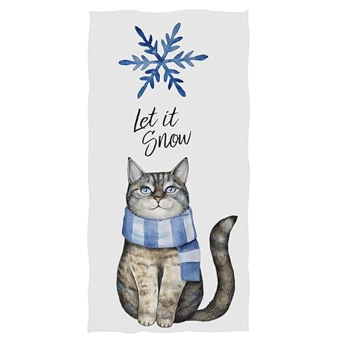 Pfrewn Cat with Scarf Blue Snowflake Hand Towels 16x30 in White Bathroom Towel, Let is Snow Winter Ultra Soft Highly Absorbent Guest Towel…