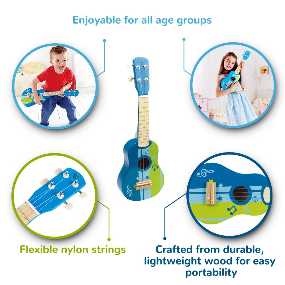 Hape Kid’s Wooden Toy Ukulele | 21 Inch Wooden Ukulele Musical Instrument with Vibrant Sound and Tunable Nylon Strings for Children, Blue