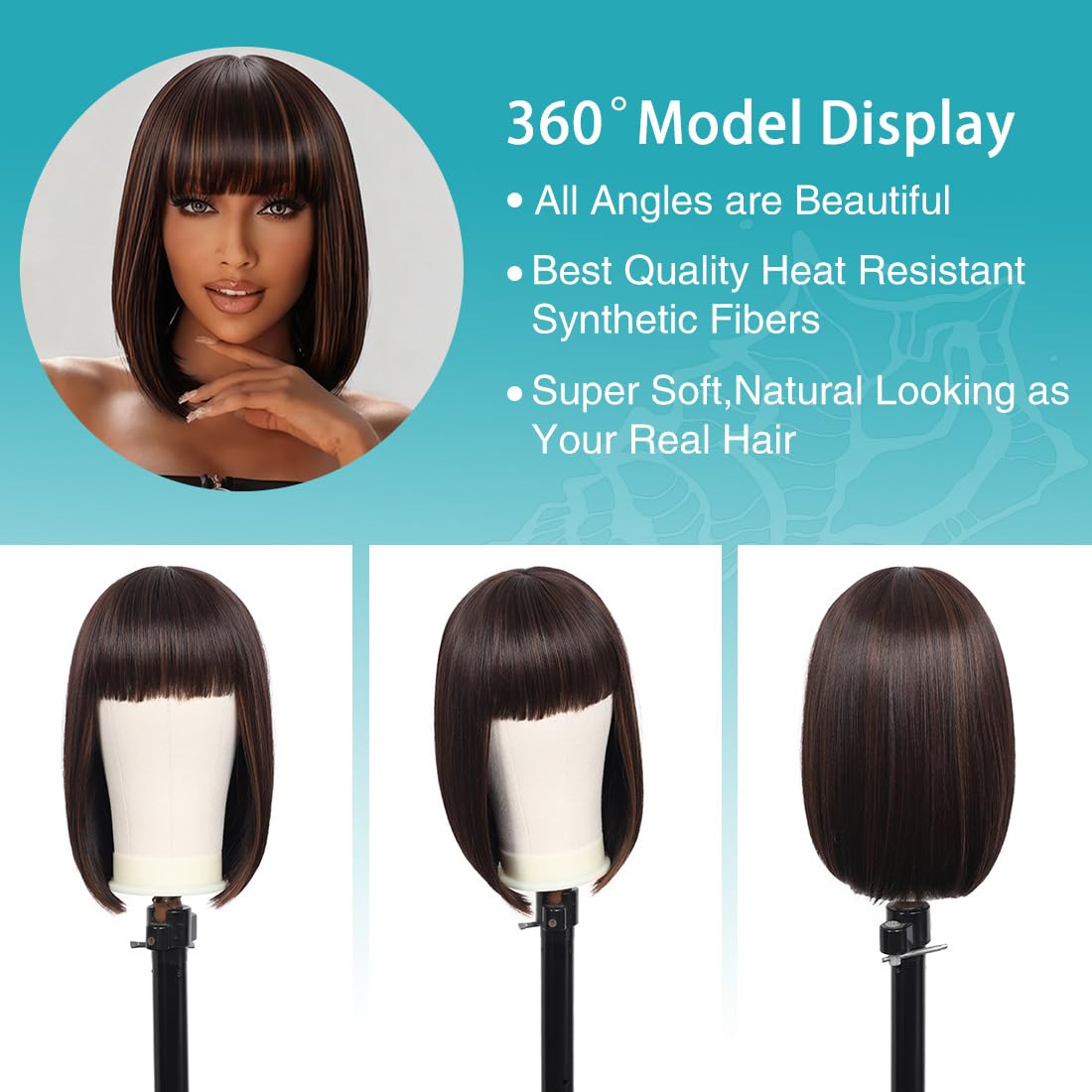 Kalyss Bob Wigs for Women Short Straight Bob Wig with Hair bangs Natural Looking Heat Resistant Synthetic Hair Wigs for Women 13 Inches (Brown