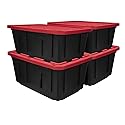 TnLoji 4 Pack, 27 Gallon Large Storage Bin, Plastic Storage Container with Stackable Snap-On Lid, Black and Red