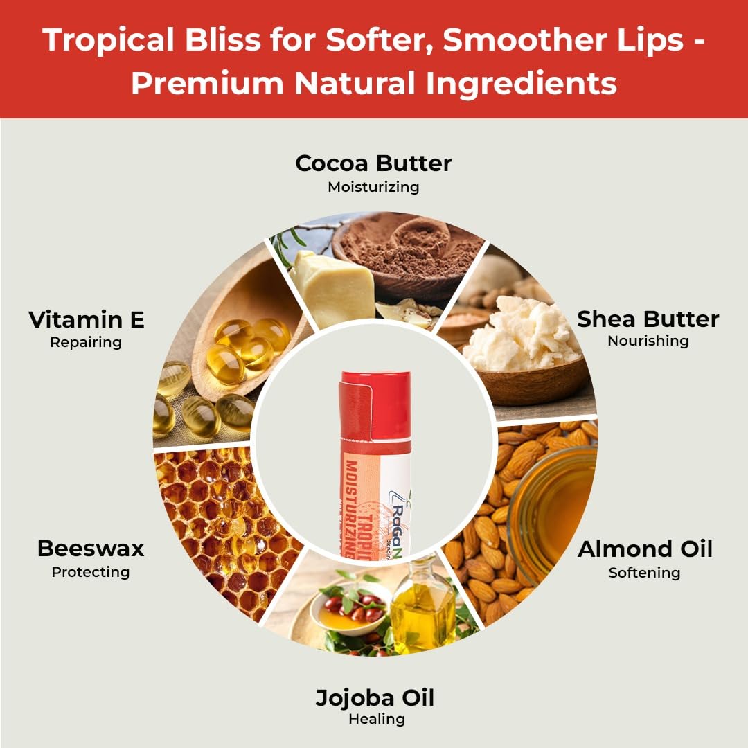 RaGaNaturals All Natural Tropical Moisturizing Lip Balm, Nourishing Lip Care For All Day Hydration, 100% Natural, Handmade with Love in USA