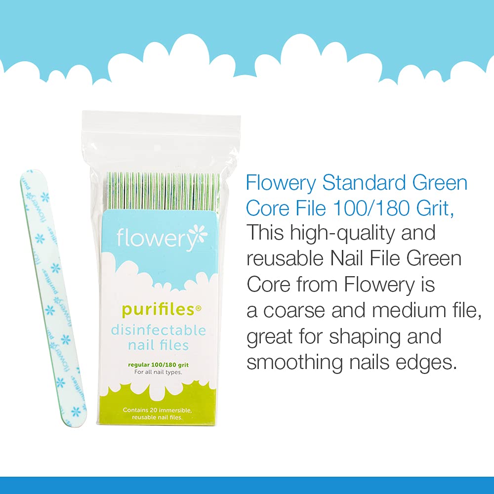 Flowery Green Core Disinfectable Nail Files, 100/180 Grit, 20 per Pack