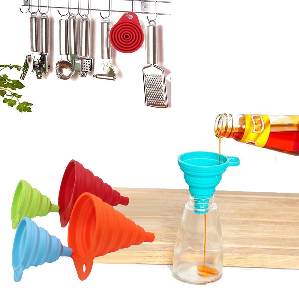 KongNai 4-Pack Silicone Collapsible Funnels, Small & Large Kitchen Set for Liquid Transfer, Water Bottles, Food Grade