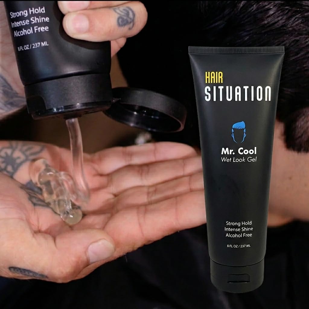 Hair Situation Mr. Cool Wet Look Strong Hold Hair Styling Hair Gel, High Shine, Anti-Humidity Shield, Anti-Frizz Fly Away, Alcohol-Free, No Flake