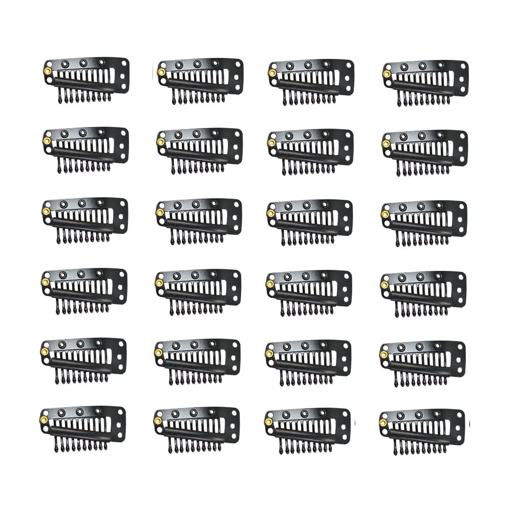 YANTAISIYU 24 Pcs/lot 36mm 10-teeth Metal Wig Clips with Rubber Snap Clips for Wig Hairpiece Hair Extension Accessories(Black)