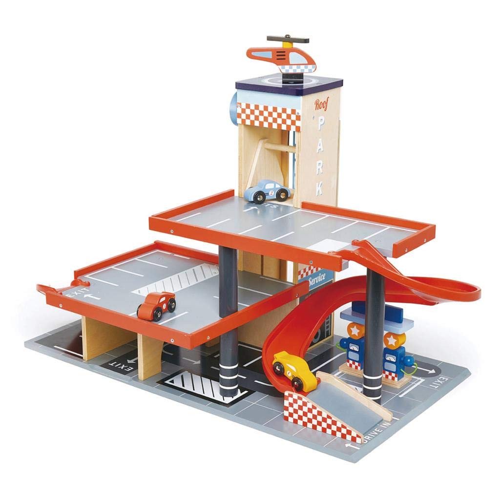 Tender Leaf Toys Blue Bird Service Station – Wooden Garage Playset with Ramps, Petrol Pumps, Car Wash & Helicopter Pad, Roleplay Toy for Kids 3+