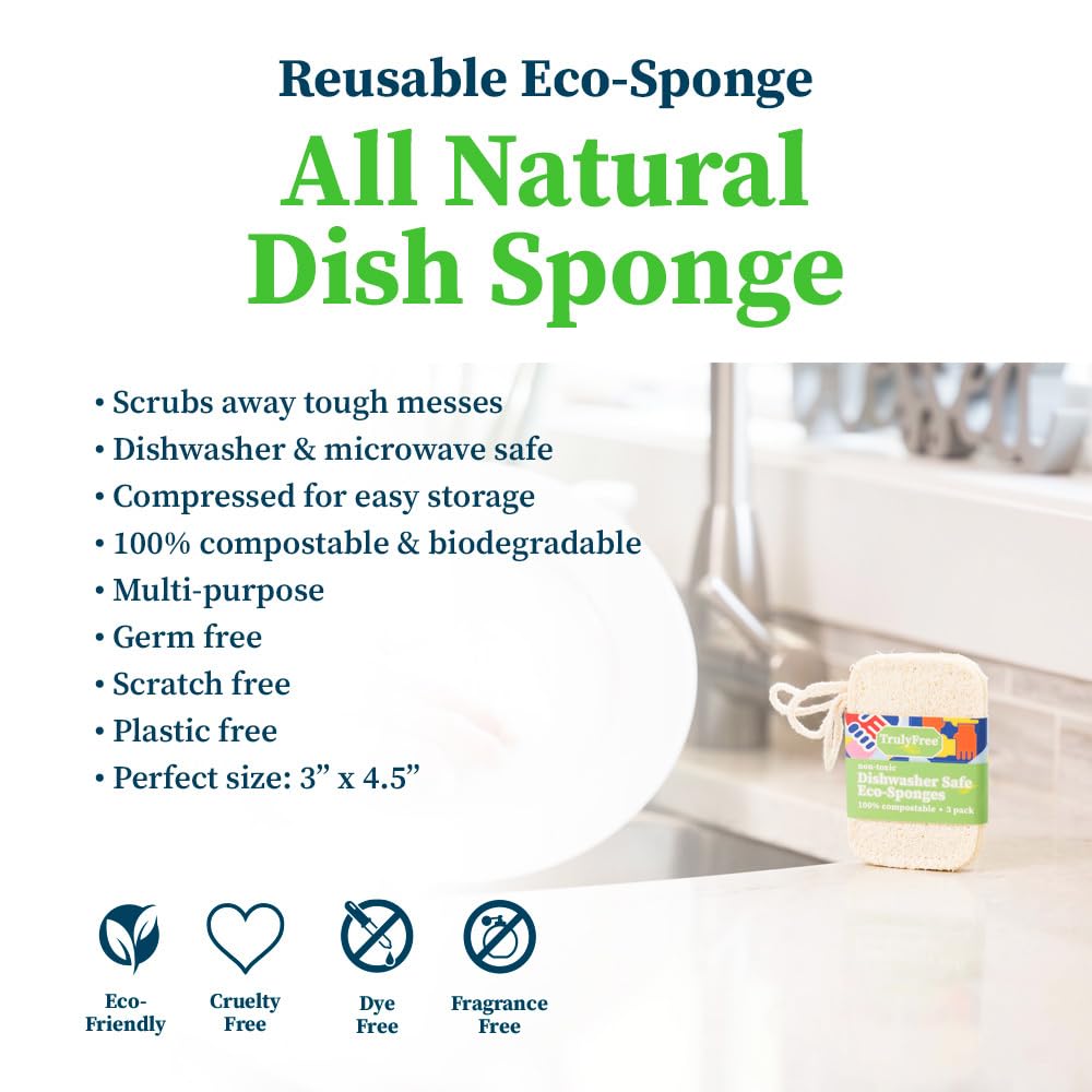 Truly Free Natural Cleaning Sponges, 100% Organic Luffa Dish Scrubber, Plant-Based Compostable Kitchen Dishwasher Sponge, Cleans Sink, Grout & Tile