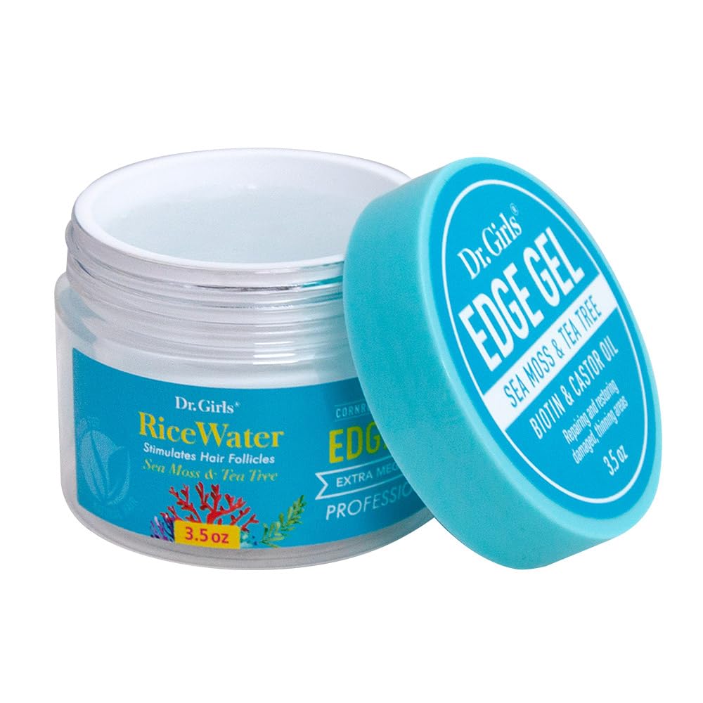 Dr. Girls Rice Water Edge Gel - Extra Mega Hold for Cornrows, Locs & Twists with Biotin, Castor Oil 3.5oz (Sea Moss+ Tea Tree)