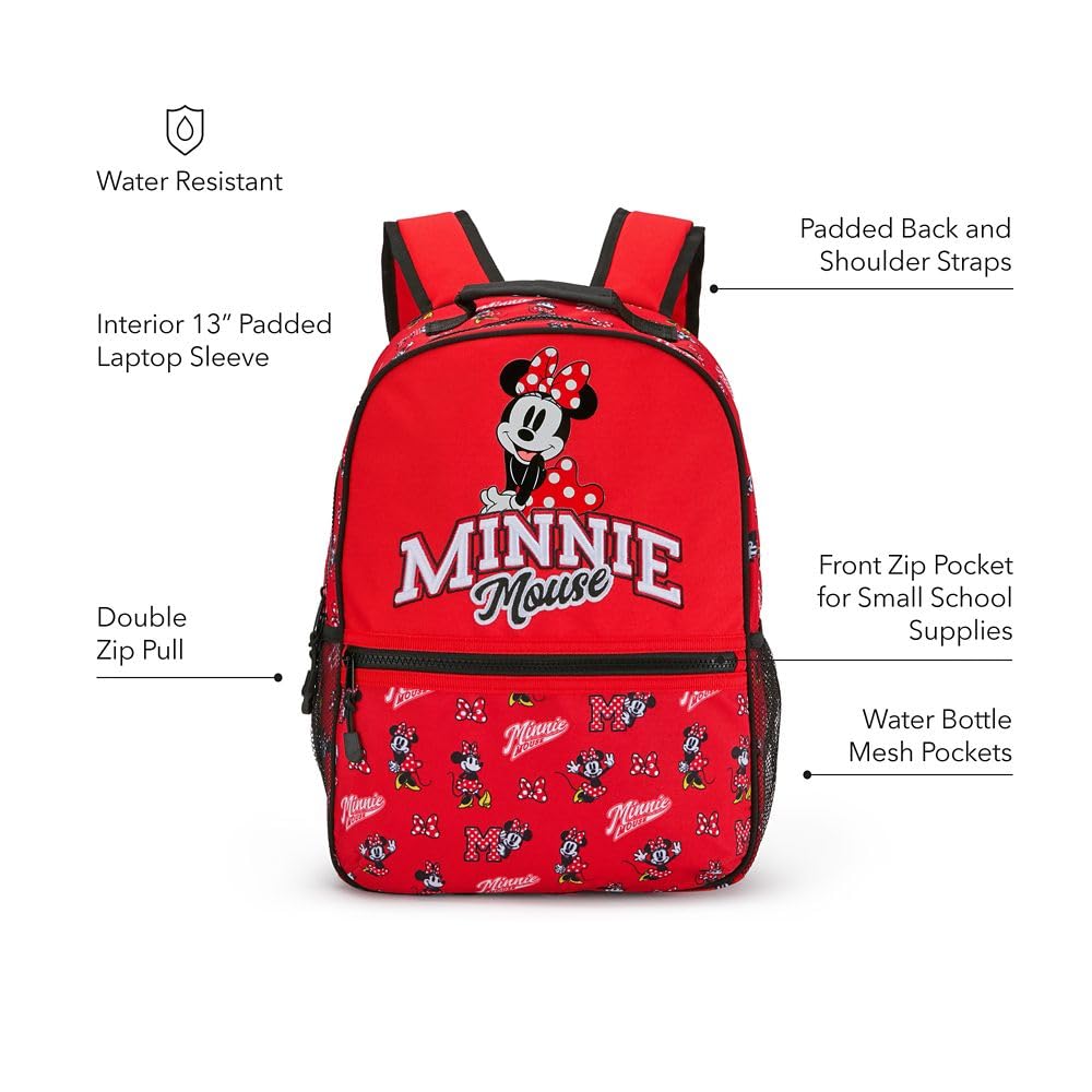 Disney Store Official Minnie Mouse Collegiate Backpack - Kids Backpack with Embroidered Accents, Adjustable Straps, Zip Compartments & Mesh Pockets, Screen Art Featuring Minnie Mouse