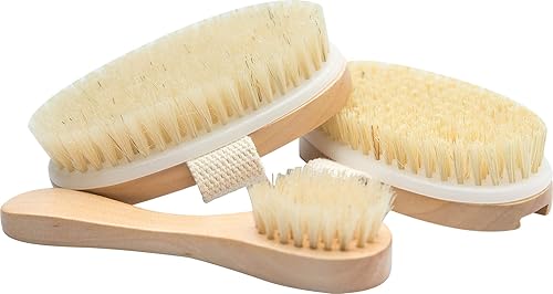 Essential Living: 3-Piece Dry Brushing Spa Kit - 1 Face Brush, 2 Body Scrub Brushes and a Cotton Bag - Body and Skin Care for Exfoliation, Blood